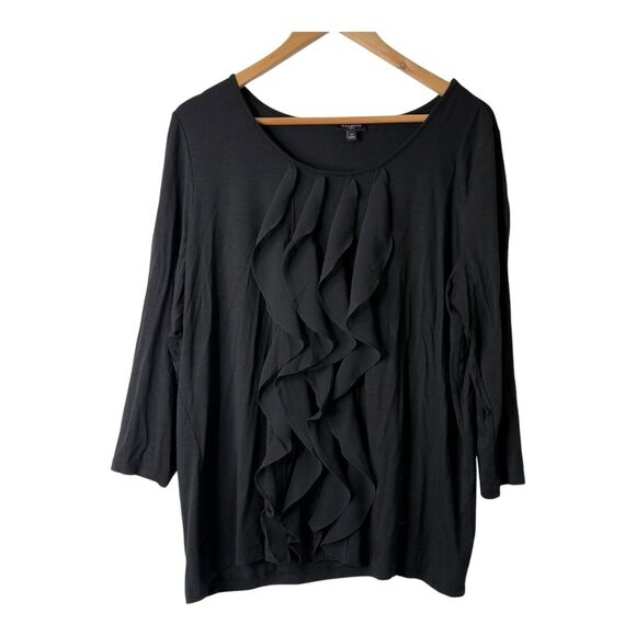 Talbots Top SZ 1X Black Lightweight Jersey Ruffle Panel Front 3/4 Sleeve Stretch - Picture 2 of 10